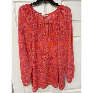 Pioneer Woman Women's 1X Pink Orange Floral Boho Tunic Long Sleeve Blouse